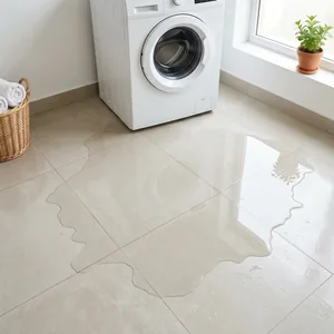 Water leaking onto the floor in front of a washing machine.