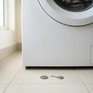 Loose coin and key beside a washing machine that is making a noise on spin.