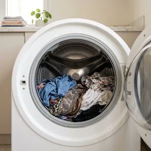 Wet laundry sitting still in a washing machine drum that will not spin.