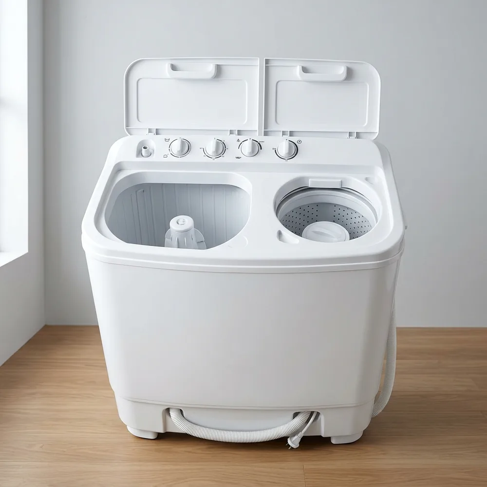 Twin-tub semi-automatic washing machine with a wash drum and a separate spin drum.