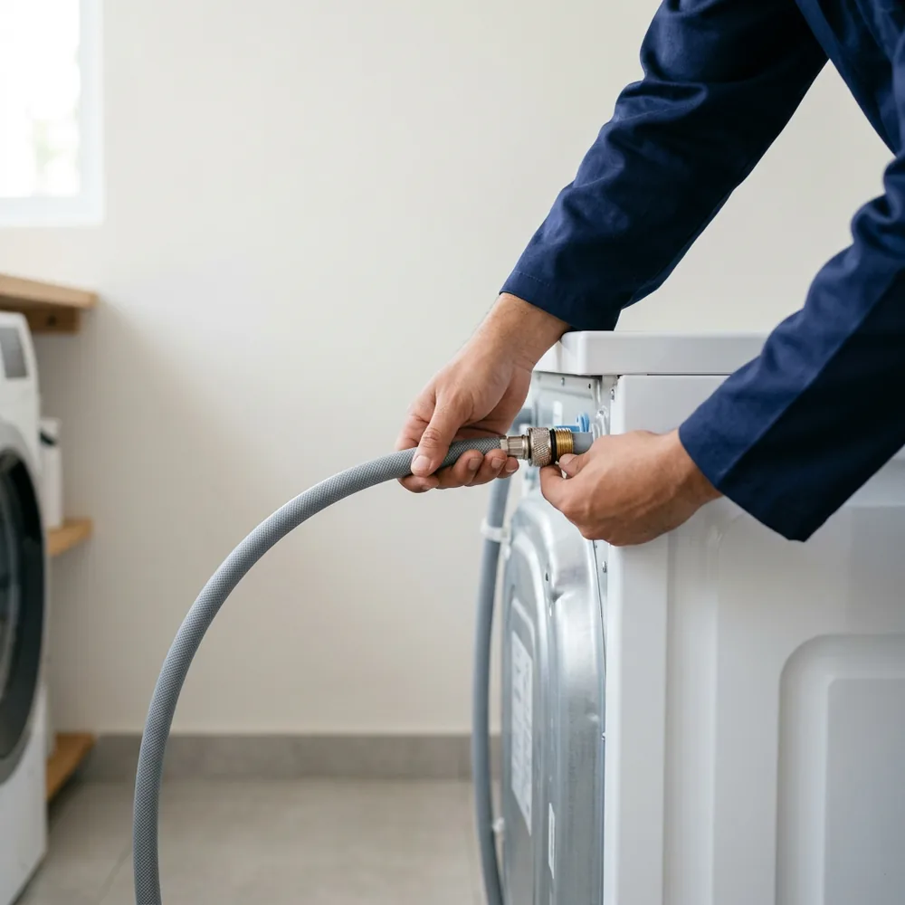 Technician levelling a newly installed washing machine and connecting the inlet hose.
