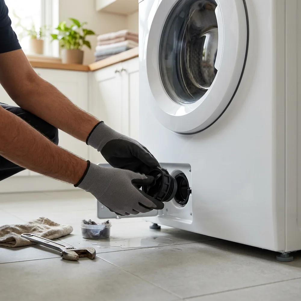 Open washing machine drain filter being cleaned during a general service.