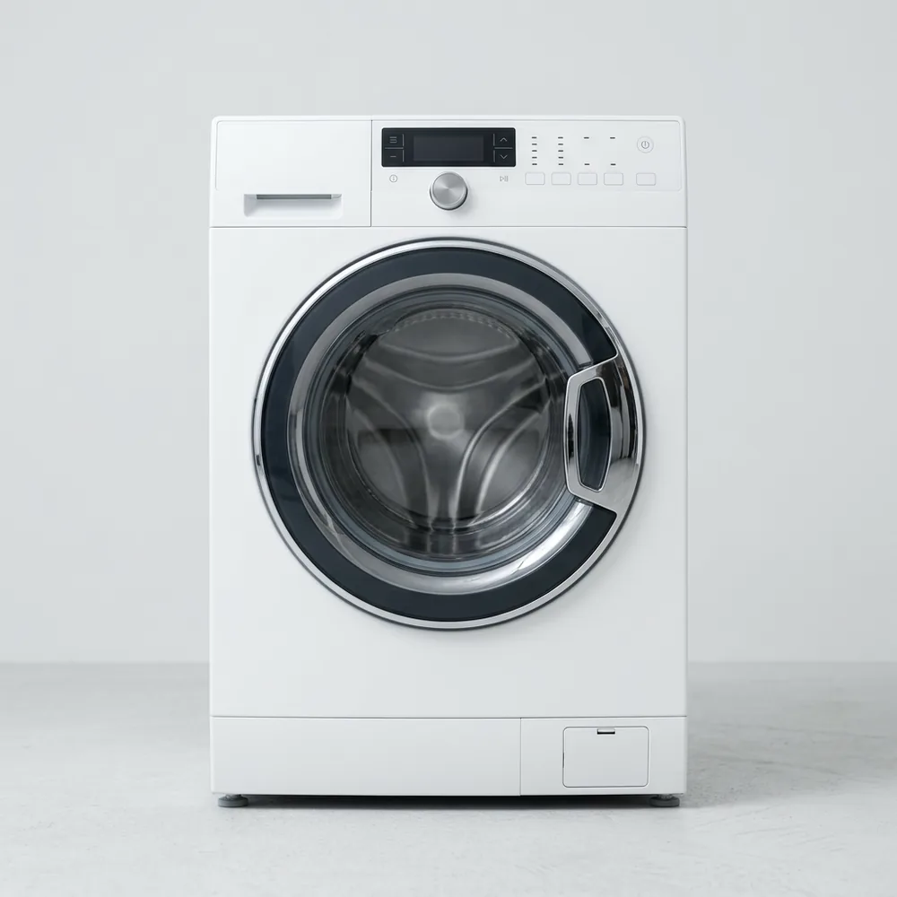Front-load washer dryer combination machine in a tiled home laundry area.