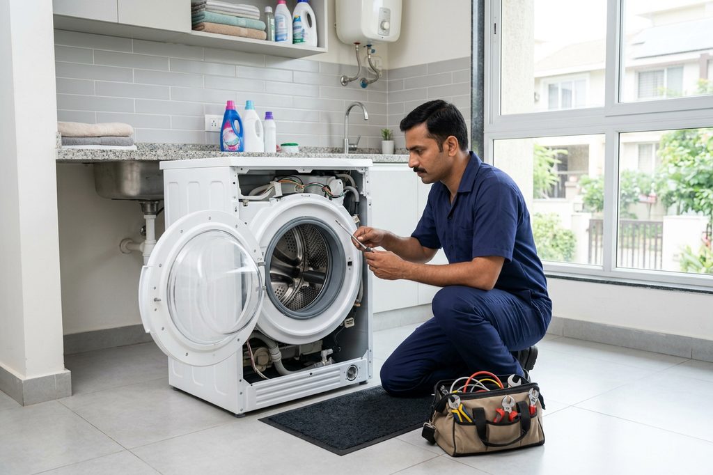 Fixmate technician kneeling beside an open front-load washing machine,
                checking the drain filter in a Bangalore home.